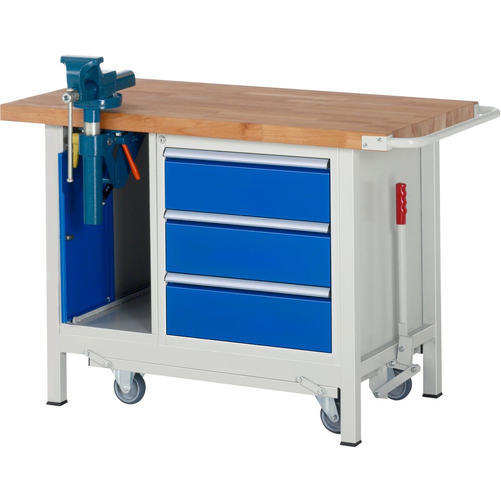 Produktabbildung Nr. 1: Werkbank RAU serie 8000 met neerlaatbaar onderstel, 2 kasten, hxbxd 880 x 1.250 x 700 mm, 3 x voor 90% uittrekbare lades