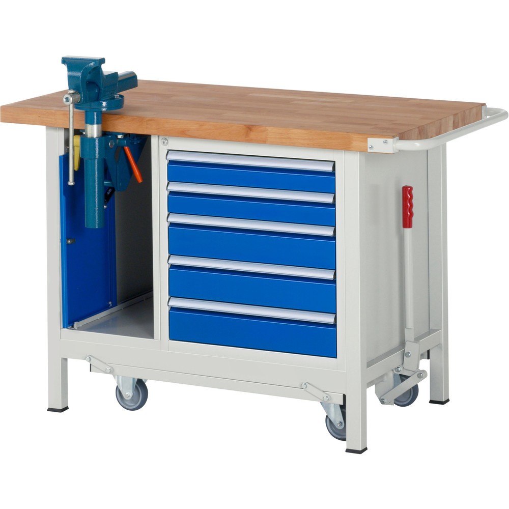 Produktabbildung Nr. 1: Werkbank RAU serie 8000 met neerlaatbaar onderstel, 2 kasten, hxbxd 880 x 1.250 x 700 mm, 5 lades 2 x 90 mm, 3 x 120 mm
