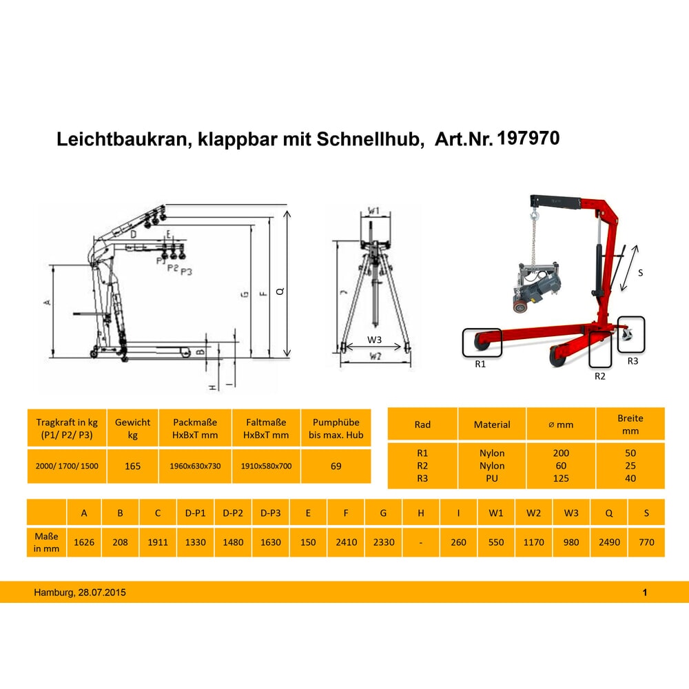 Produktabbildung Nr. 3: Werkplaatskraan met gespreid frame en snelhef, inklapbaar, cap. 1.500-2.000 kg, RAL 3020 verkeersrood