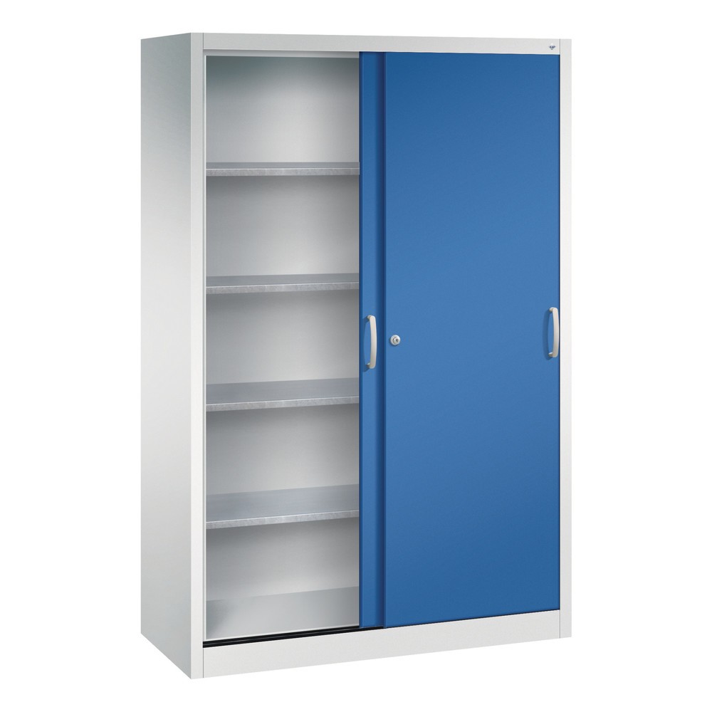 Produktabbildung Nr. 3: Werkplaatsschuifdeurkast C+P met 4 legborden, hxbxd 1.950 x 1.200 x 500 mm, lichtgrijs, gentiaanblauw
