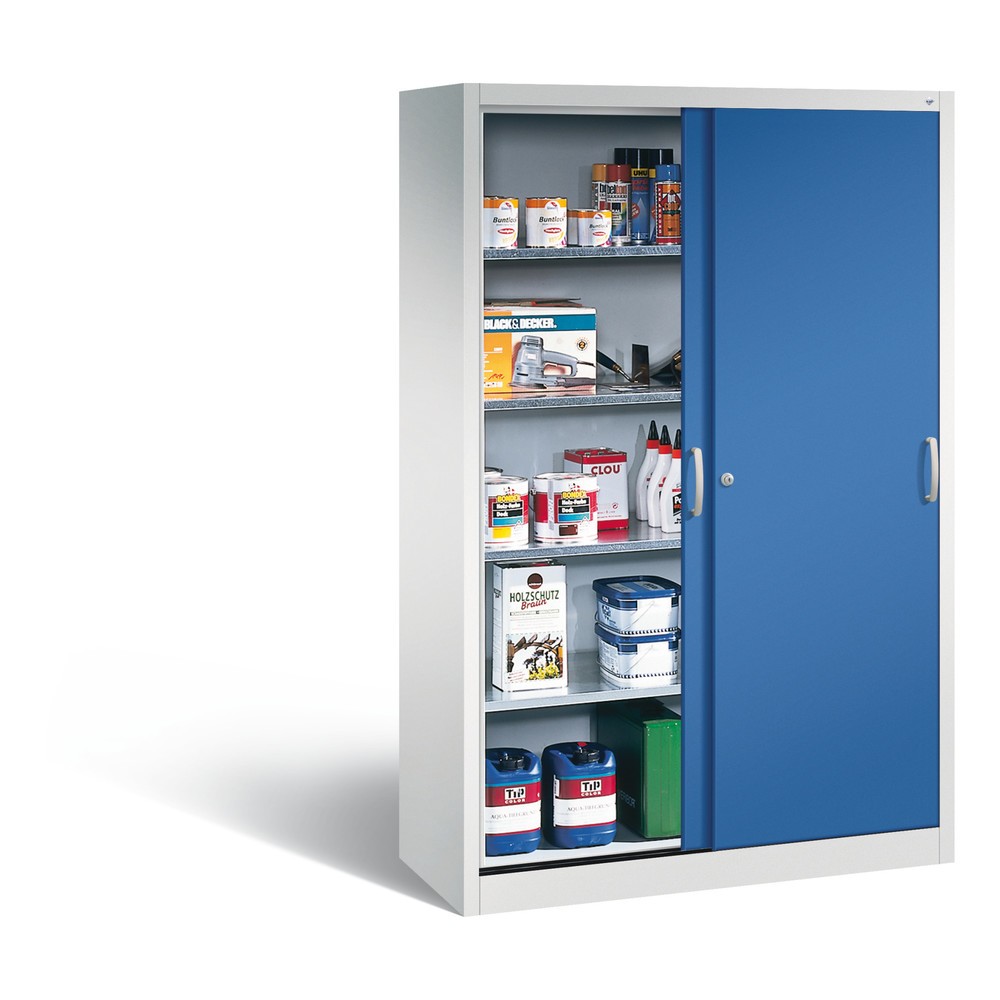 Produktabbildung Nr. 4: Werkplaatsschuifdeurkast C+P met 4 legborden, hxbxd 1.950 x 1.200 x 500 mm, lichtgrijs, gentiaanblauw