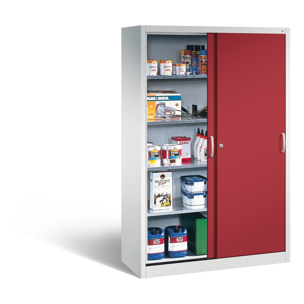 Productafbeelding nr. 4: Werkplaatsschuifdeurkast C+P met 4 legborden, hxbxd 1.950 x 1.200 x 500 mm, lichtgrijs, robijnrood