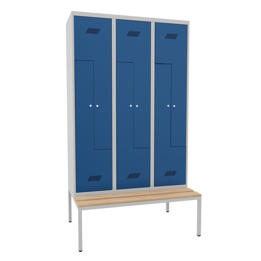Produktabbildung Nr. 1: Z-garderobekast met zitbank PAVOY, 6 compartimenten, cilinderslot, lichtgrijs, gentiaanblauw, Beuk