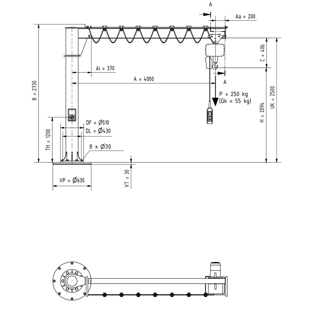 Produktabbildung Nr. 2: Zwenkkraan VETTER® incl. elektrische takel LIFTKET, kolomuitvoering, 360° zwenkbereik, reikwijdte 4.000 mm, draagvermogen 250 kg