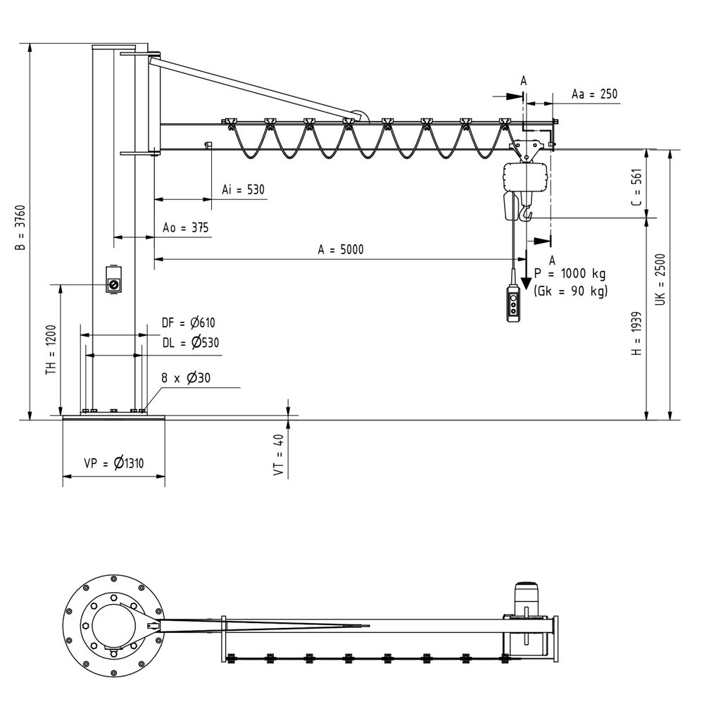 Produktabbildung Nr. 2: Zwenkkraan VETTER® incl. elektrische takel LIFTKET, kolomuitvoering met spankabel, incl. bevestigingsmateriaal, reikwijdte 5.000 mm, draagvermogen 1.000 kg