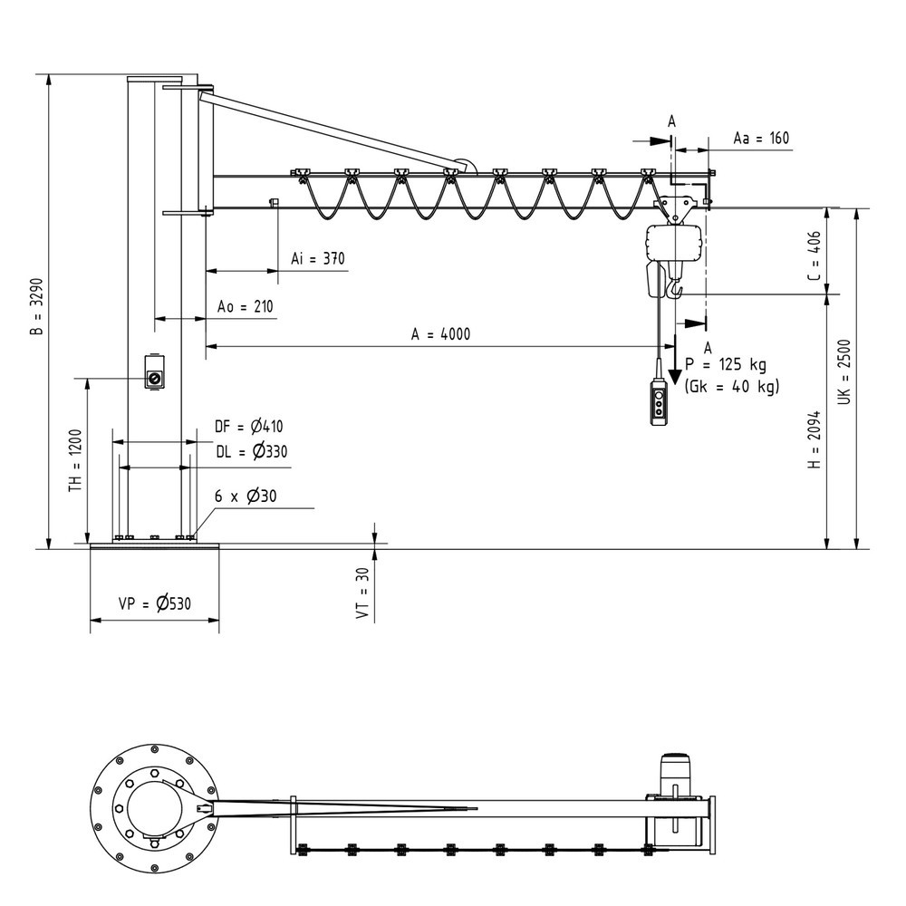 Productafbeelding nr. 1: Zwenkkraan VETTER® incl. elektrische takel LIFTKET, kolomuitvoering met spankabel, incl. bevestigingsmateriaal, reikwijdte 4.000 mm, draagvermogen 125 kg