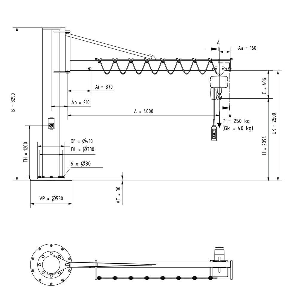 Produktabbildung Nr. 2: Zwenkkraan VETTER® incl. elektrische takel LIFTKET, kolomuitvoering met spankabel, incl. bevestigingsmateriaal, reikwijdte 4.000 mm, draagvermogen 250 kg