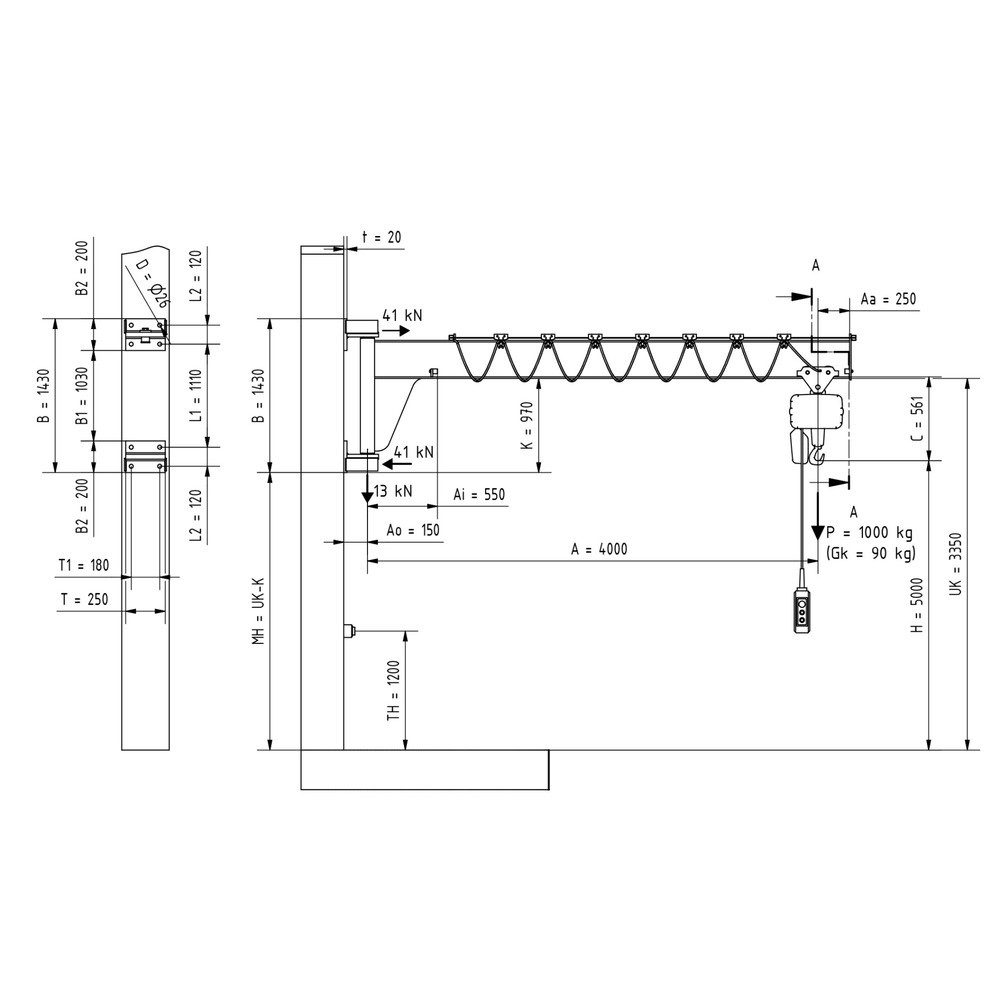 Produktabbildung Nr. 2: Zwenkkraan VETTER® incl. elektrische takel LIFTKET, wanduitvoering, lage constructie, reikwijdte 4.000 mm, draagvermogen 1.000 kg